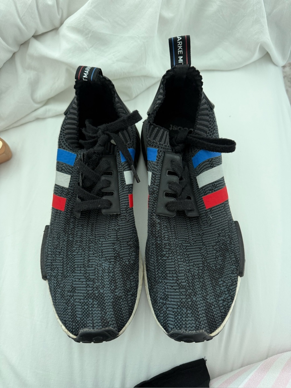 adidas Black Knit Athletic Shoes with Red, Blue & Gray Stripes